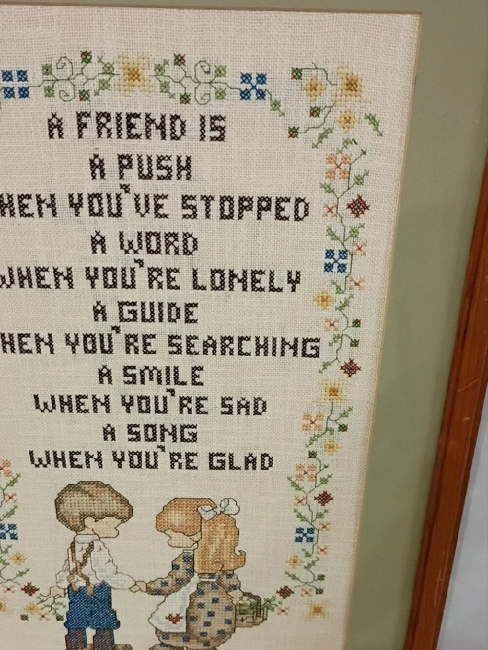 Vintage Green-Matted Framed Cross-Stitch Friendship Art